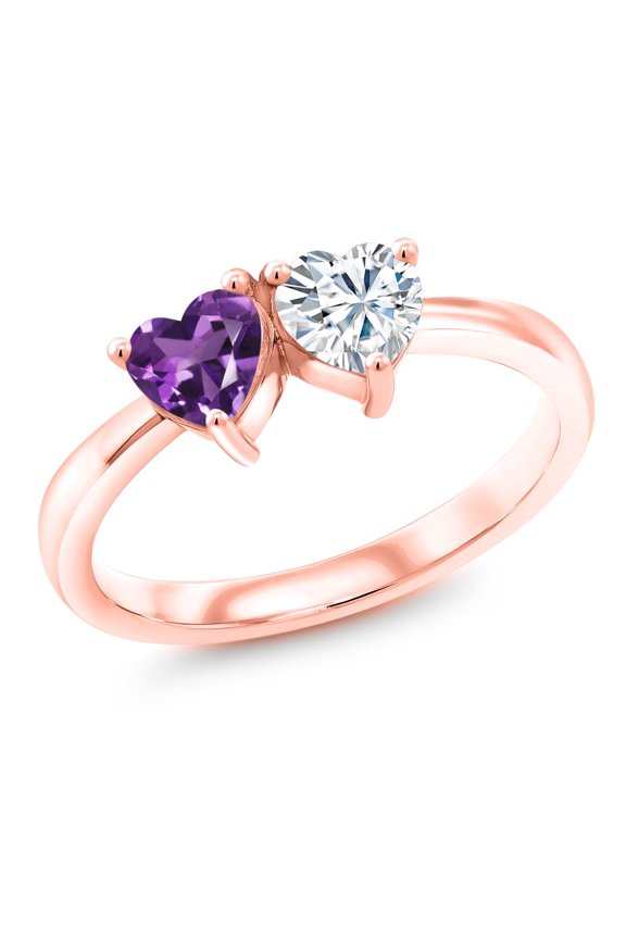 18K Rose Gold Plated Silver Fashion Right-Hand Ring Heart Shape Purple Amethyst and White Moissanite | 0.84 Cttw | 5MM Heart | Gemstone Birthstone (Size 7)