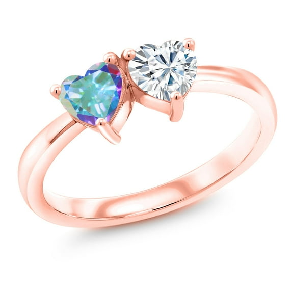 Gem Stone King 18K Rose Gold Plated Silver Fashion Right-Hand Ring Heart Shape Mercury Mist Mystic Topaz and Moissanite (0.98 Cttw, Size 6)
