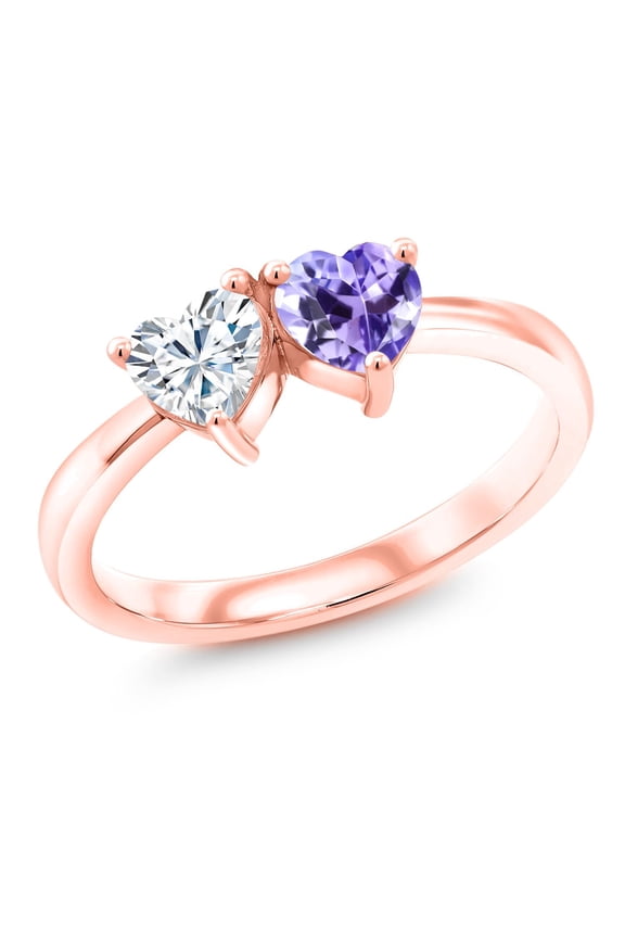 18K Rose Gold Plated Silver Fashion Right-Hand Ring Set with Heart Shape Moissanite and Tanzanite (1.00 Cttw, Size 8)