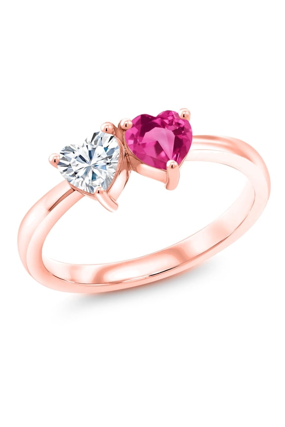 18K Rose Gold Plated Silver Fashion Right-Hand Ring Set with Heart Shape Moissanite and Created Sapphire (1.10 Cttw, Size 7)