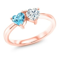 Gem Stone King 18K Rose Gold Plated Silver Fashion Right-Hand Ring Heart Shape Swiss Blue Topaz and Moissanite (0.97 Cttw, Size 9)