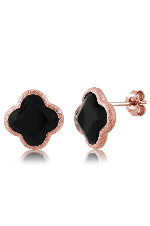 18K Rose Gold Plated Silver Flower Shape Clover Designs Black Onyx Diamond Cut Stud Earrings for Women