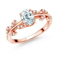 thumbnail image 1 of Gem Stone King 18K Rose Gold Plated Silver Flower Stem Leaves Ring Aquamarine Moissanite (0.88 Cttw), 1 of 3