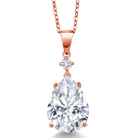 Gem Stone King 18K Rose Gold Plated Silver White Moissanite and Lab Grown Diamond Pendant Necklaces Pendant for Women | 9.27 Cttw | Pear Shape 16X12MM | April Birthstone
