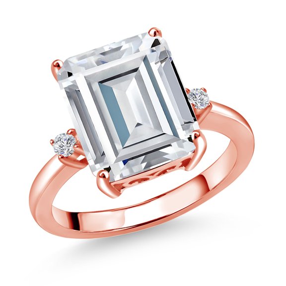 Gem Stone King 18K Rose Gold Plated Silver White Moissanite and Lab Grown Diamond Engagement Ring for Women | 7.46 Cttw | Emerald Cut 12X10MM | April Birthstone | Size 6