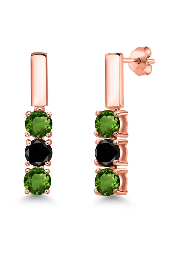 18K Rose Gold Plated Silver Green Chrome Diopside and Black Diamond Drop Dangle Earrings for Women | 1.55 Cttw | Gemstone Birthstone | Round 5MM