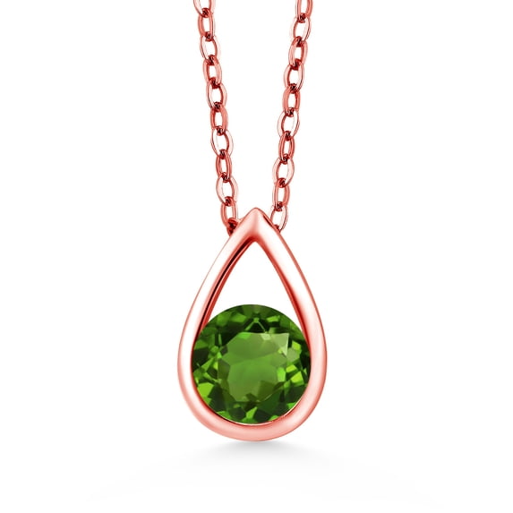 Gem Stone King 18K Rose Gold Plated Silver Green Chrome Diopside Teardrop Pendant Necklace for Women (0.50 Cttw, Gemstone Birthstone, Round 5MM, with 18 inch Silver Chain)