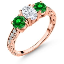 Gem Stone King 18K Rose Gold Plated Silver Green Created Emerald Ring Set with Moissanite (2.70 Cttw) (Size 9)