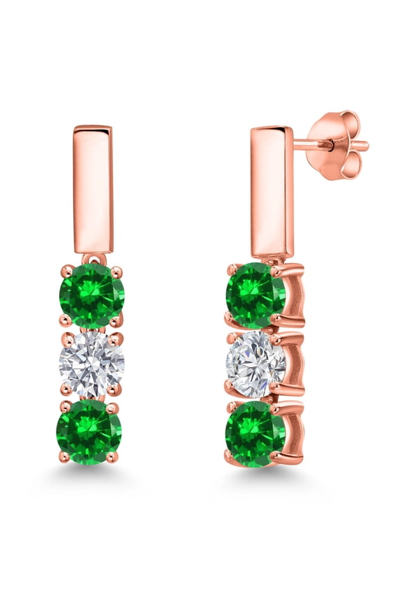 18K Rose Gold Plated Silver Green Created Emerald and White Lab Grown Diamond Drop Dangle Earrings for Women | 2.18 Cttw | Gemstone May Birthstone | Round 5MM