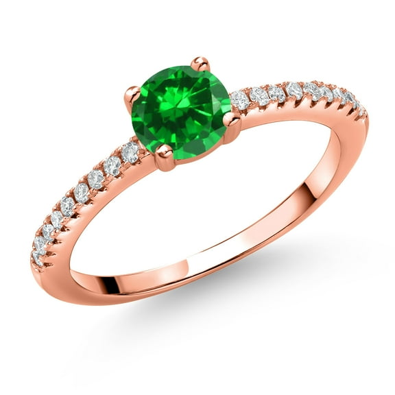 Gem Stone King 18K Rose Gold Plated Silver Green Created Emerald and White Lab Grown Diamond Engagement Wedding Anniversary Ring for Women (0.93 Cttw, Round 5MM, Size 9)