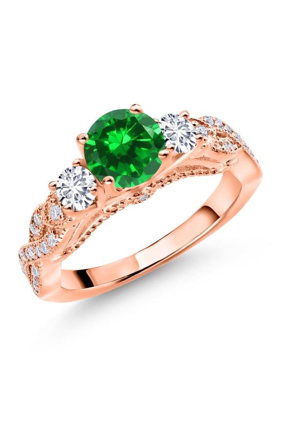 18K Rose Gold Plated Silver Green Created Emerald White Lab Grown Diamond and White Moissanite Engagement Ring for Women (1.47 Cttw, Gemstone May Birthstone, Round 6MM and 3MM, Size 5)