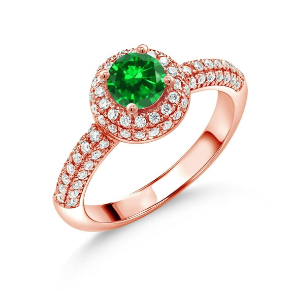 Gem Stone King 18K Rose Gold Plated Silver Green Created Emerald and White Moissanite Engagement Ring for Women (1.40 Cttw, Round 5MM, Available in Size 5, 6, 7, 8, 9)