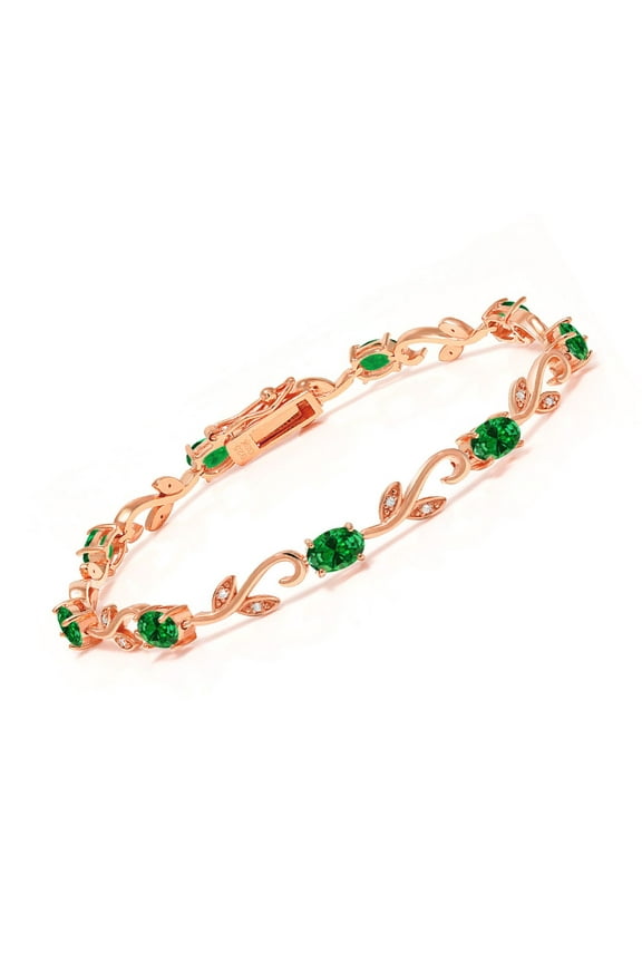 18K Rose Gold Plated Silver Green Created Emerald and White Diamond Tennis Bracelet for Women (3.28 Cttw, Oval 6X4MM, 7 inch)