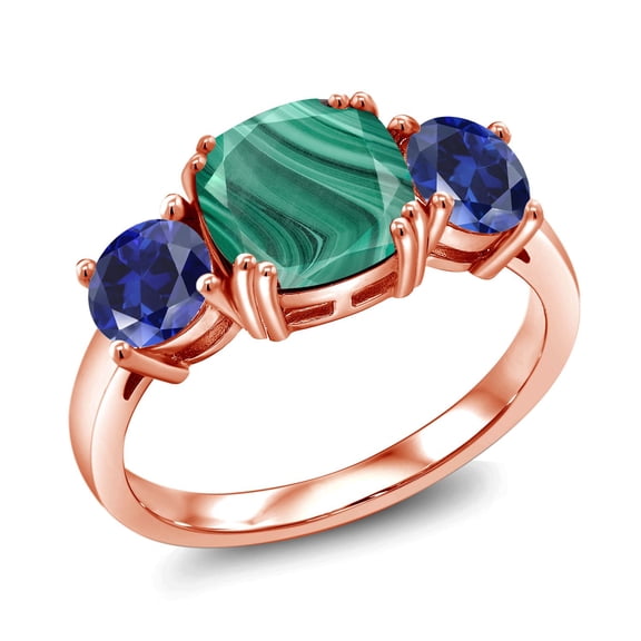 Gem Stone King 18K Rose Gold Plated Silver Green Malachite and Blue Created Sapphire 3 Stone Engagement Ring for Women (4.20 Cttw, Gemstone, Cushion 8MM, Size 5)