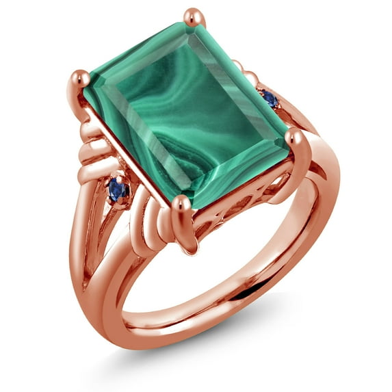 Gem Stone King 18K Rose Gold Plated Silver Green Malachite and Blue Created Sapphire Engagement Ring for Women (10.04 Cttw, Gemstone Birthstone, Emerald Cut 14X10MM, Size 5)
