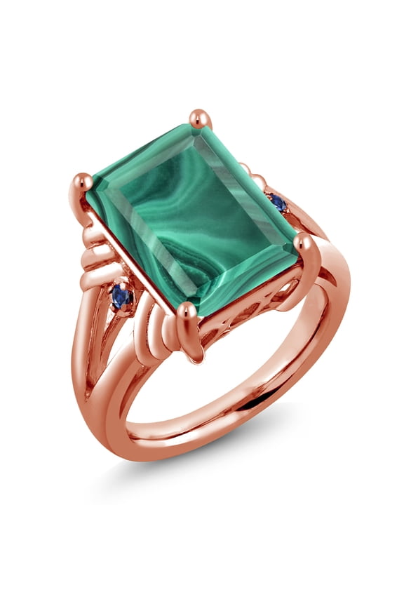 18K Rose Gold Plated Silver Green Malachite and Blue Created Sapphire Engagement Ring for Women (10.04 Cttw, Gemstone Birthstone, Emerald Cut 14X10MM, Size 7)