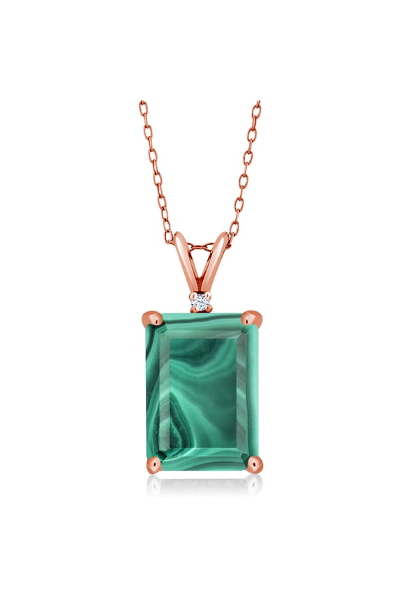 18K Rose Gold Plated Silver Green Malachite Pendant Necklace for Women (10.02 Cttw, Gemstone Birthstone, Emerald Cut 14X10MM, with 18 inch Silver Chain)