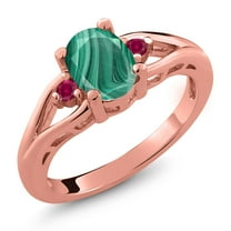Gem Stone King 18K Rose Gold Plated Silver Green Malachite and Red Created Ruby 3 Stone Engagement Ring for Women | 2.10 Cttw | Oval 8X6MM | Round 2MM | Gemstone Birthstone | Size 9