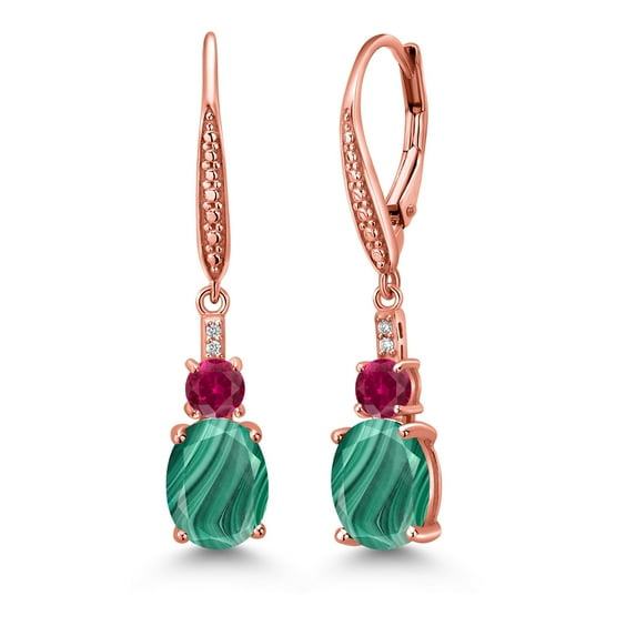 Gem Stone King 18K Rose Gold Plated Silver Green Malachite and Red Created Ruby Dangle Earrings for Women with Lab Grown Diamond (5.53 Cttw, Oval 9X7MM)