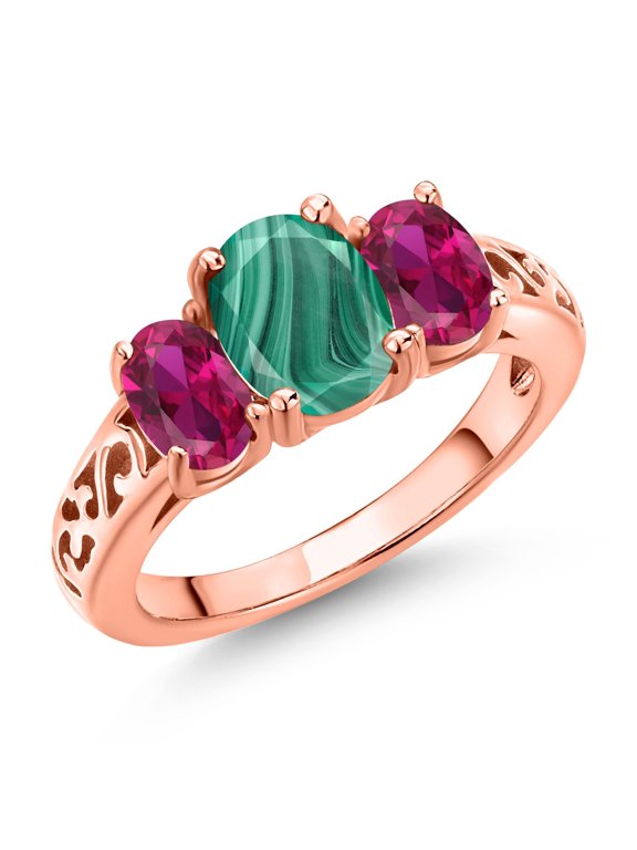 18K Rose Gold Plated Silver Green Malachite and Red Created Ruby Filigree Style 3 Stone Ring for Women (3.00 Cttw, Oval 8X6MM and 6X4MM, Size 6) (Size 6)