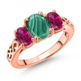 thumbnail image 1 of Gem Stone King 18K Rose Gold Plated Silver Green Malachite and Red Created Ruby Filigree Style 3 Stone Ring for Women (3.00 Cttw, Oval 8X6MM and 6X4MM, Size 8) (Size 8), 1 of 6