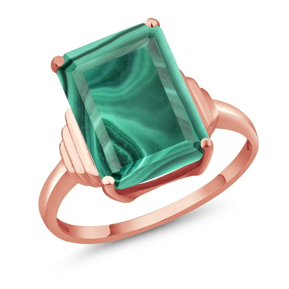 Gem Stone King 18K Rose Gold Plated Silver Green Malachite Ring for Women (10.00 Cttw, Emerald Cut 14X10MM, Gemstone Birthstone, Available in Size 5, 6, 7, 8, 9)