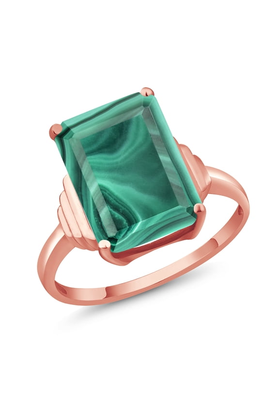 18K Rose Gold Plated Silver Green Malachite Ring for Women (10.00 Cttw, Emerald Cut 14X10MM, Gemstone Birthstone, Available in Size 5, 6, 7, 8, 9)