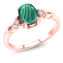Gem Stone King 18K Rose Gold Plated Silver Green Malachite and White Created Sapphire 3-Stone Rings for Women (2.08 Cttw, Gemstone, Oval 8X6MM, Size 5)