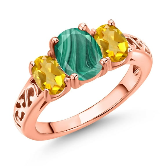 Gem Stone King 18K Rose Gold Plated Silver Green Malachite and Yellow Citrine Filigree Style 3 Stone Ring for Women (2.90 Cttw, Oval 8X6MM and 6X4MM, Size 6) (Size 6)