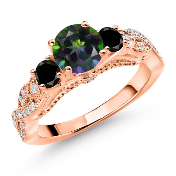 Gem Stone King 18K Rose Gold Plated Silver Green Mystic Topaz Black Diamond and White Moissanite Engagement Ring for Women (1.47 Cttw, Gemstone, Round 6MM and 3MM, Size 5)