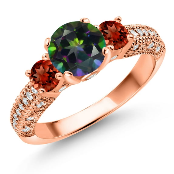 Gem Stone King 18K Rose Gold Plated Silver Green Mystic Topaz Red Garnet and White Moissanite Engagement Ring for Women (2.12 Cttw, Gemstone, Round 7MM and 4MM, Size 5)