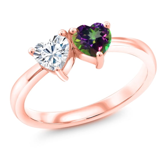 Gem Stone King 18K Rose Gold Plated Silver Green Mystic Topaz Ring Set with Moissanite (1.02 Cttw) (Size 9)