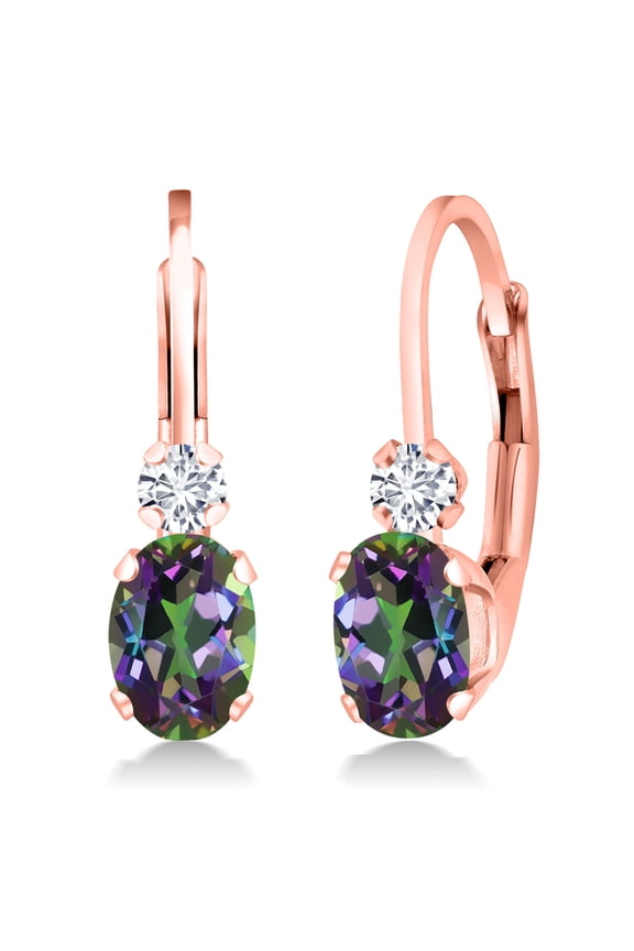 18K Rose Gold Plated Silver Green Mystic Topaz and White Diamond Leverback Earrings for Women (1.27 Cttw, Gemstone Birthstone, Oval 6X4MM, Round 2MM, 3/4 inch)