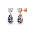 thumbnail image 1 of Gem Stone King 18K Rose Gold Plated Silver Green Mystic Topaz and White Moissanite Earrings for Women | 8.02 Cttw | Gemstone November Birthstone | Pear Shape 12X8MM, 1 of 5