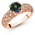 thumbnail image 1 of Gem Stone King 18K Rose Gold Plated Silver Green Mystic Topaz and White Moissanite Engagement Ring for Women (1.64 Cttw, Round 7MM, Gemstone, Size 9), 1 of 3