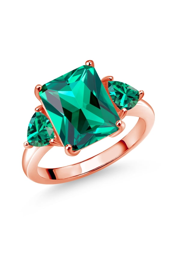 18K Rose Gold Plated Silver Green Nano Emerald 3 Stone Ring for Women (6.42 Cttw, Emerald Cut 12X10MM, Trillion 5X5MM, May Birthstone, Size 6)