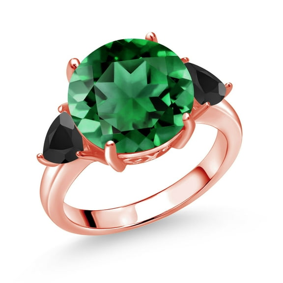 Gem Stone King 18K Rose Gold Plated Silver Green Nano Emerald and Black Onyx 3-Stone Ring for Women (5.72 Cttw, Round 12MM, Trillion 5MM, Size 8)