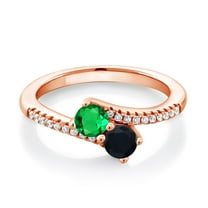 Gem Stone King 18K Rose Gold Plated Silver Green Nano Emerald and Black Onyx Bypass Ring for Women (0.76 Cttw, Gemstone May Birthstone, Round 4MM, Size 7)
