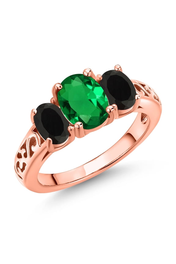 18K Rose Gold Plated Silver Green Nano Emerald and Black Onyx Filigree Style 3 Stone Ring for Women (1.55 Cttw, Oval 8X6MM and 6X4MM) (Size 9)