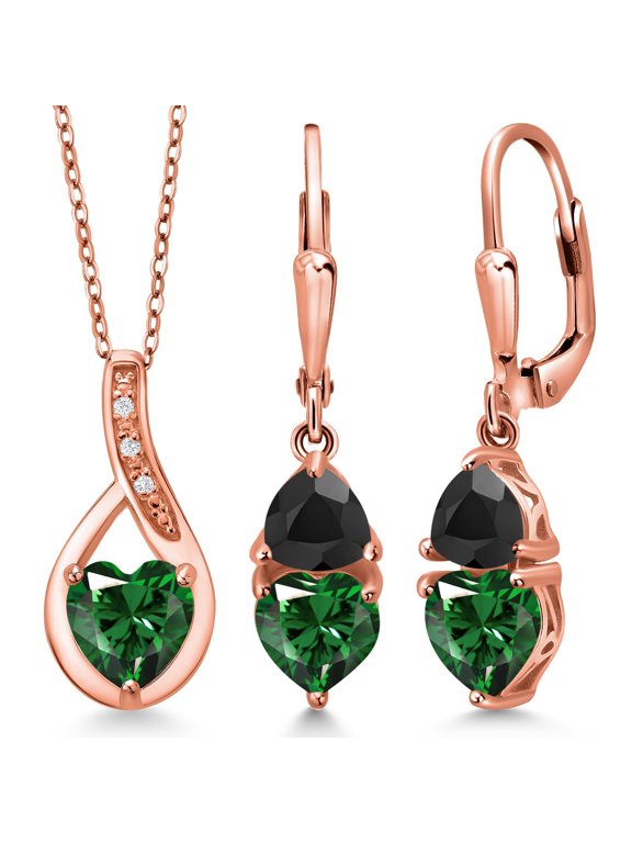 18K Rose Gold Plated Silver Green Nano Emerald and Black Onyx Pendant Earrings Set for Women (3.12 Cttw, Gemstone May Birthstone, with 18 inch Chain)