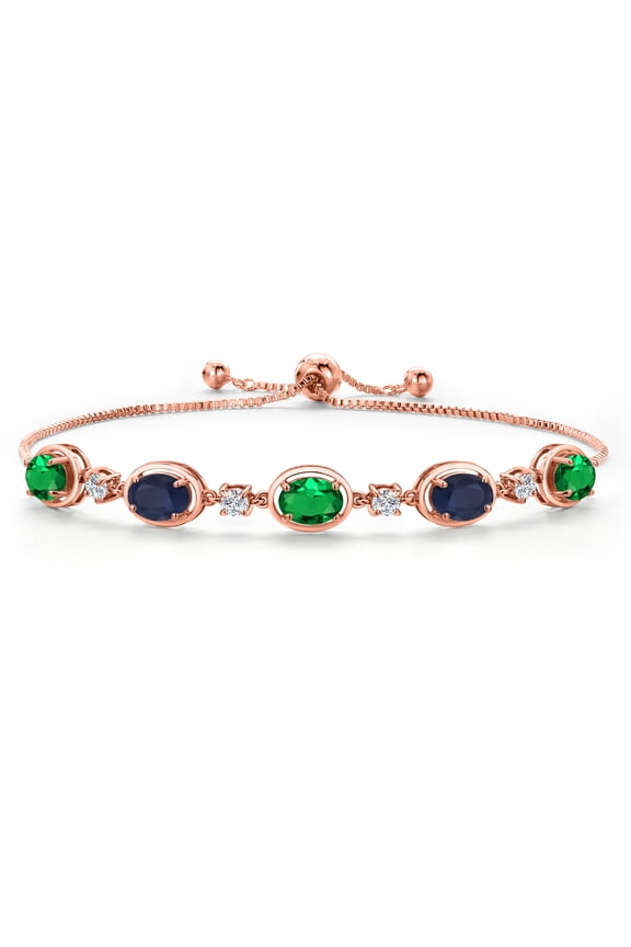 18K Rose Gold Plated Silver Green Nano Emerald and Blue Sapphire Bracelet for Women | 3.80 Cttw | Gemstone May Birthstone | Oval 7X5MM | Fully Adjustable 9 inch