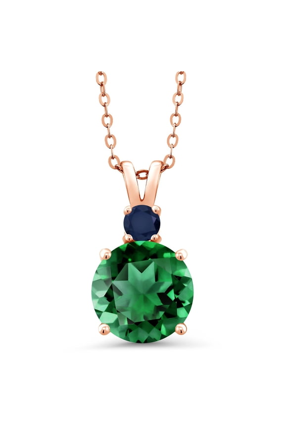18K Rose Gold Plated Silver Green Nano Emerald and Blue Sapphire Pendant Necklace for Women (3.68 Cttw, Gemstone May Birthstone, Round 10MM, With 18 inch Chain)