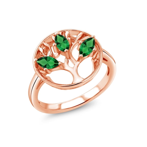 Gem Stone King 18K Rose Gold Plated Silver Green Nano Emerald Family Tree of Life Ring for Women (0.60 Cttw, Gemstone May Birthstone, Size 9)