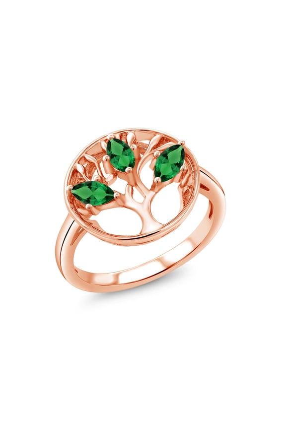 18K Rose Gold Plated Silver Green Nano Emerald Family Tree of Life Ring for Women (0.60 Cttw, Gemstone May Birthstone, Size 6)