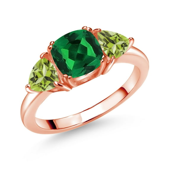 Gem Stone King 18K Rose Gold Plated Silver Green Nano Emerald and Green Peridot 3 Stone Engagement Ring for Women (1.61 Cttw, Gemstone May Birthstone, Size 6)