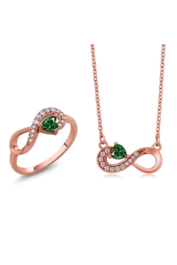 18K Rose Gold Plated Silver Green Nano Emerald Infinity Ring Pendant Jewelry Set for Women (1.05 Cttw, Gemstone May Birthstone, Heart 4MM, with 18 inch Silver Chain)