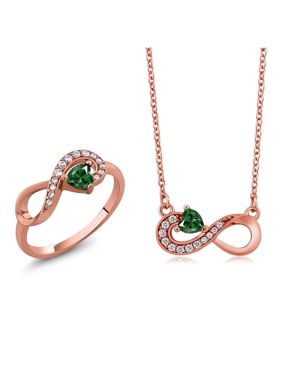18K Rose Gold Plated Silver Green Nano Emerald Infinity Ring Pendant Jewelry Set for Women (1.05 Cttw, Gemstone May Birthstone, Heart 4MM, with 18 inch Silver Chain)