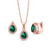 Gem Stone King 18K Rose Gold Plated Silver Green Nano Emerald Pendant and Earrings Jewelry Set For Women (6.50 Cttw, Pear Shape 9X7MM, with 18 inch Silver Chain)