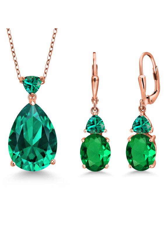18K Rose Gold Plated Silver Green Nano Emerald Pendant Earrings Jewelry Set for Women (14.66 Cttw, Pear Shape 18X13MM, Gemstone May Birthstone, with 18 inch Chain)