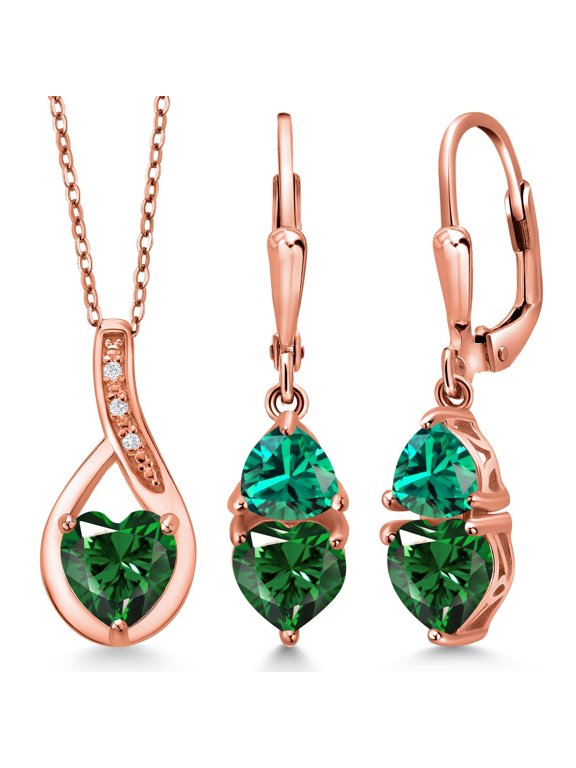 18K Rose Gold Plated Silver Green Nano Emerald Pendant Earrings Set for Women (3.34 Cttw, Gemstone May Birthstone, with 18 inch Chain)